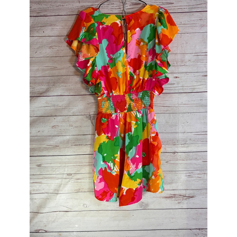 Haptics Summer Romper Retro Abstract Flutter Sleeve Smocked - Small Multicolor - Picture 11 of 11